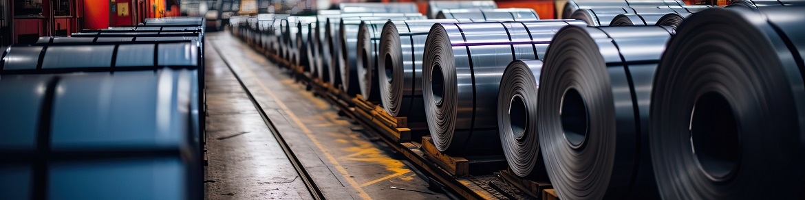 Rolls of galvanized steel sheet inside the factory or warehouse